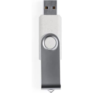 A grey and silver 16GB USB memory drive, featuring a rotating cap and a logo.