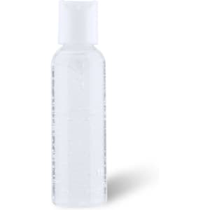 A clear plastic bottle with a white cap, containing hydroalcoholic gel. The bottle has a simple, unlabelled design.