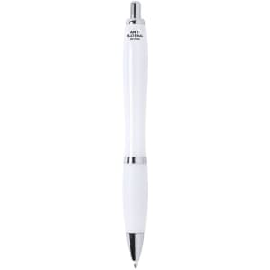 A white antibacterial pen with a sleek design and a metallic clip, featuring branding on the barrel.