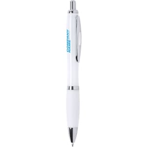 A white antibacterial pen with chrome accents, featuring a logo.