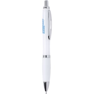 A white antibacterial pen with chrome accents and a logo on the side.