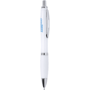 A white plastic pen with a chrome clip and a branding logo. It features antibacterial properties for hygiene.