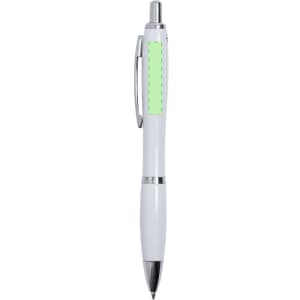 A white plastic pen with a silver clip and tip, featuring a blank area for branding.