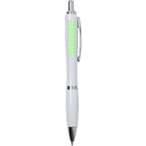 A white plastic pen with a silver trim and a blank section for branding. Features antibacterial properties.