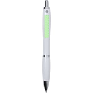 A white antibacterial pen with a green accent and a silver clip, featuring a logo on its body.