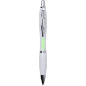 A white antibacterial plastic pen with a silver clip and a logo on the body.