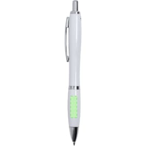 A plastic pen in white with a green accent and silver detailing, featuring a clip and branded logo.