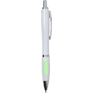 A white plastic pen with a clickable top and a green accent panel, featuring a logo on the body.