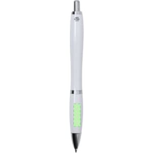 A white antibacterial pen with a silver accent and a rectangular section on the barrel. It features a logo.