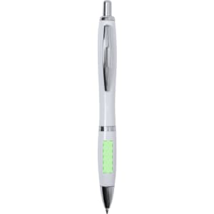 A white plastic pen with a chrome clip and a green section. It features a logo on the barrel.