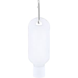 A clear, squeezable plastic bottle with a white cap and a metal clip for easy attachment.