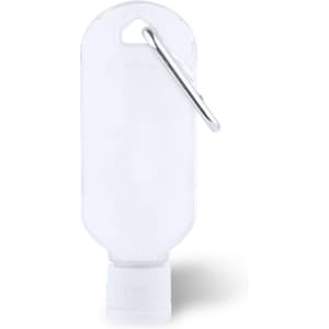 A white hand sanitiser bottle with a screw cap and a silver keychain attachment.