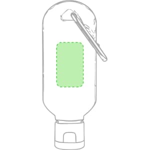 A clear bottle of hydroalcoholic gel with a green label and a clip. The liquid is transparent.