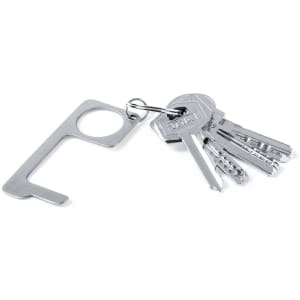 A silver keyring featuring a handy anti-contact tool attached to a bunch of keys.