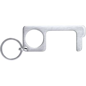 A silver keyring tool designed to reduce contact with surfaces, featuring a ring for attachment.