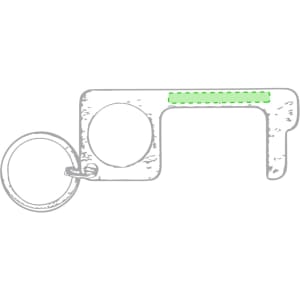A silver keyring tool with a green highlight and a round loop for keys. It has a unique, functional design.