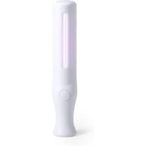 A UV sterilizer lamp in white, featuring a sleek design with a purple light strip and a push button.