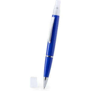 A blue spray pen with a silver clip and cap placed beside it. The pen features a logo on its barrel.