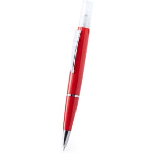 A red spray pen with a transparent cap and a shiny silver clip. The pen has a sleek design and branding visible.