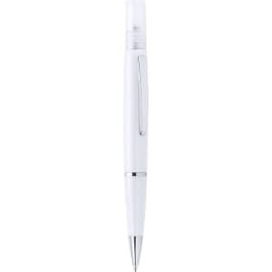 A white spray pen with a sleek design and chrome accents, featuring a clip and a transparent cap.