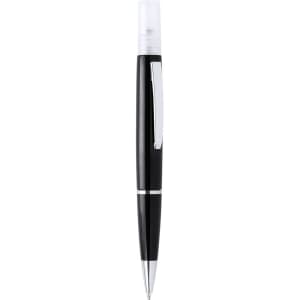 A black pen with a sleek design and a silver clip, featuring a transparent cap at the top.