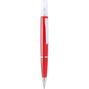 A red pen with a transparent cap, featuring a silver clip and accents. The pen has a sleek design and a logo.