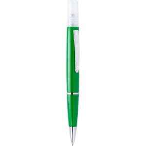 A green spray pen with a transparent cap and a silver clip. The pen has a sleek and modern design.