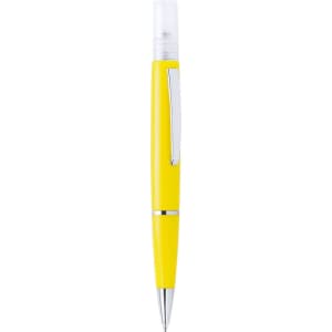 A yellow pen with a clear cap and silver accents, featuring a logo on its body.