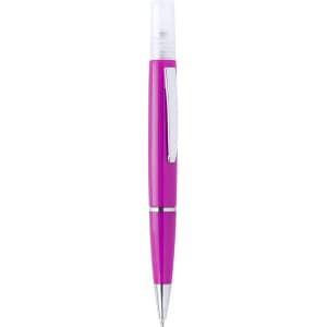A pink spray pen with a chrome clip and a clear cap, featuring a sleek design and a glossy finish.