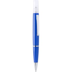 A blue pen with a transparent cap and silver accents, featuring a clip for attaching to notebooks or pockets.