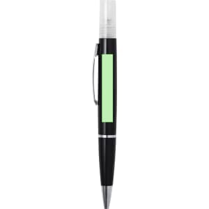 A black spray pen with a clear cap and a light green section, featuring a silver clip.