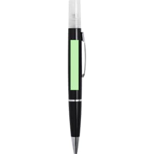 A black spray pen with a clear cap and a green accent. It features a clip for attaching to notebooks or pockets.