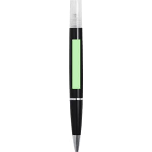A black pen with a transparent cap and a green highlight section, featuring a logo.