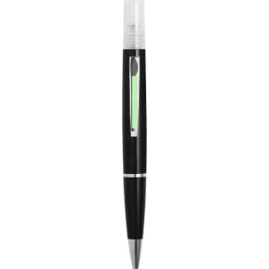 A black pen with a transparent top section and a green highlighting marker in the middle. Includes a branding logo.