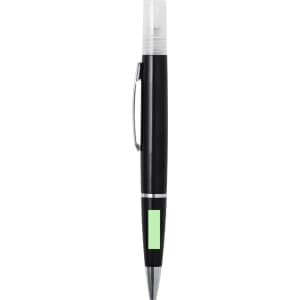 A black spray pen with a clear cap and a green indicator section, featuring a silver clip and tip.