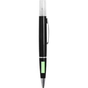A black pen with a transparent cap and a green accent, featuring a clip and a branding logo.