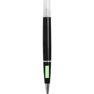 A black pen with a transparent cap and a green accent, featuring a logo.