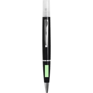 A black spray pen with a transparent cap and a green accent, featuring a clip and a branding logo.