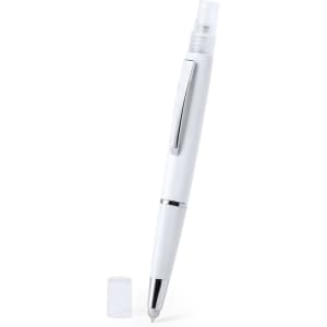 A white multifunction antibacterial pen with a clear cap and silver accents. The pen features a branding logo.