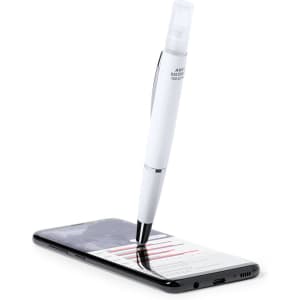 A white multifunction antibacterial pen rests on a smartphone screen, showcasing its sleek design and functional features.