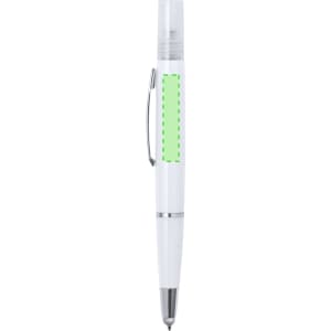 A white multifunction antibacterial pen with a clear cap and silver accents, featuring a logo on the barrel.