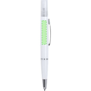 A multifunction antibacterial pen in white with a green highlight and metallic accents. Features a clip and an emblem.