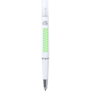 A white multifunction antibacterial pen with a transparent cap and a green highlight section. Features a brand logo.
