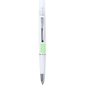 A multifunction antibacterial pen in white with a green detail and a silver clip, featuring a logo.