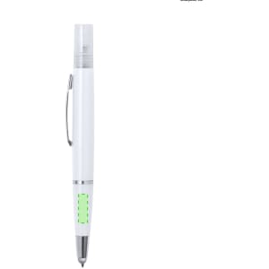 A white multifunction antibacterial pen with a green accent and a silver clip. It features a logo on the body.