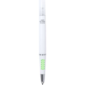 A white multifunction antibacterial pen with a green accent and a logo. It features a transparent cap section.