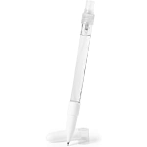 A clear spray pen featuring a white base and a translucent design, with a cap positioned beside it.