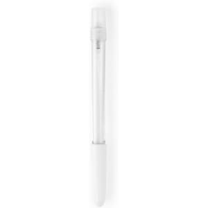 A clear spray pen with a white cap, featuring a simple design and a branding logo.