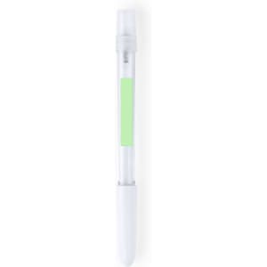 A transparent pen with a green ink cartridge and white tip, featuring a branding logo.