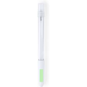 A clear spray pen with a white tip and a green section on the barrel, featuring a logo.